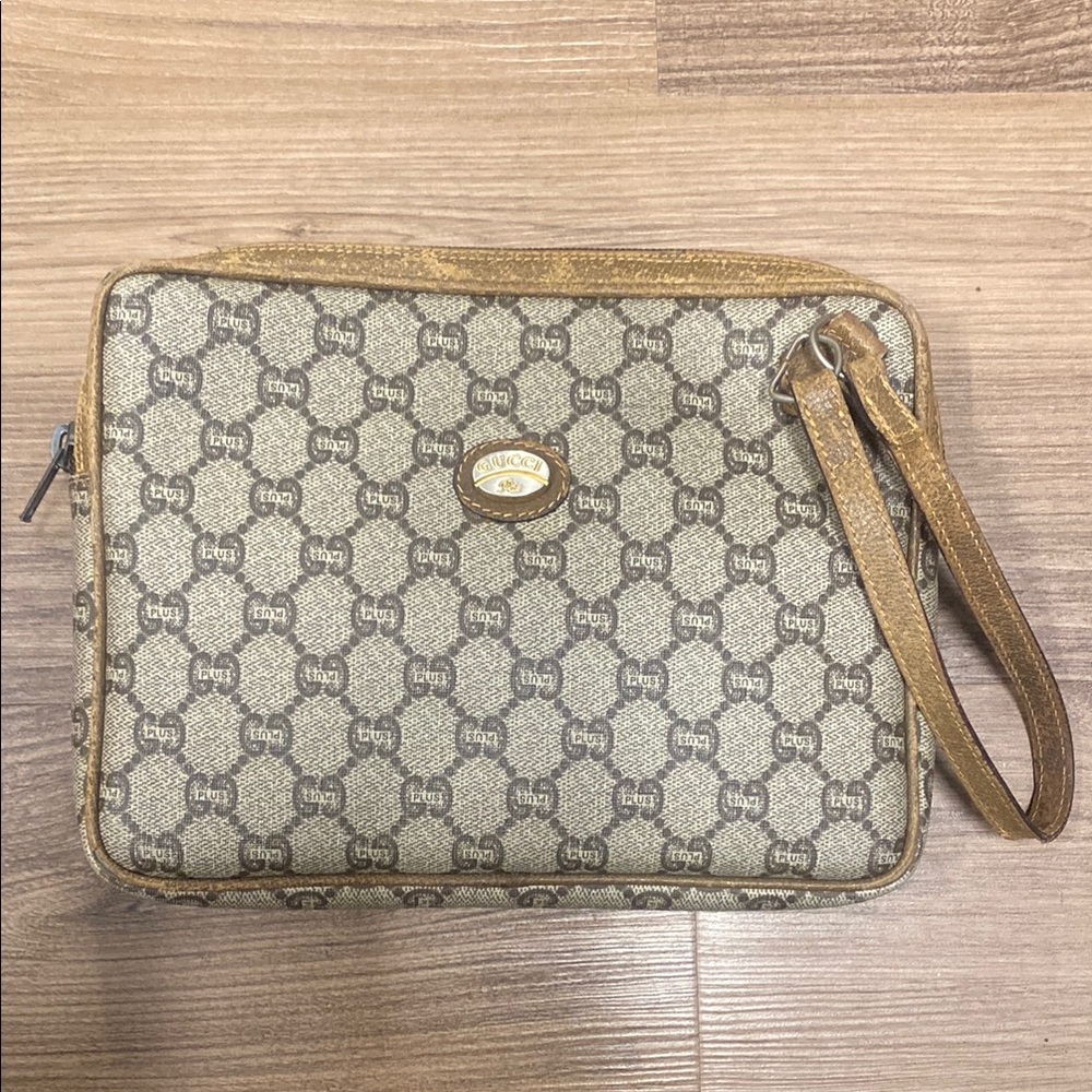 Gucci Tan and Brown Clutch with Monogram Design